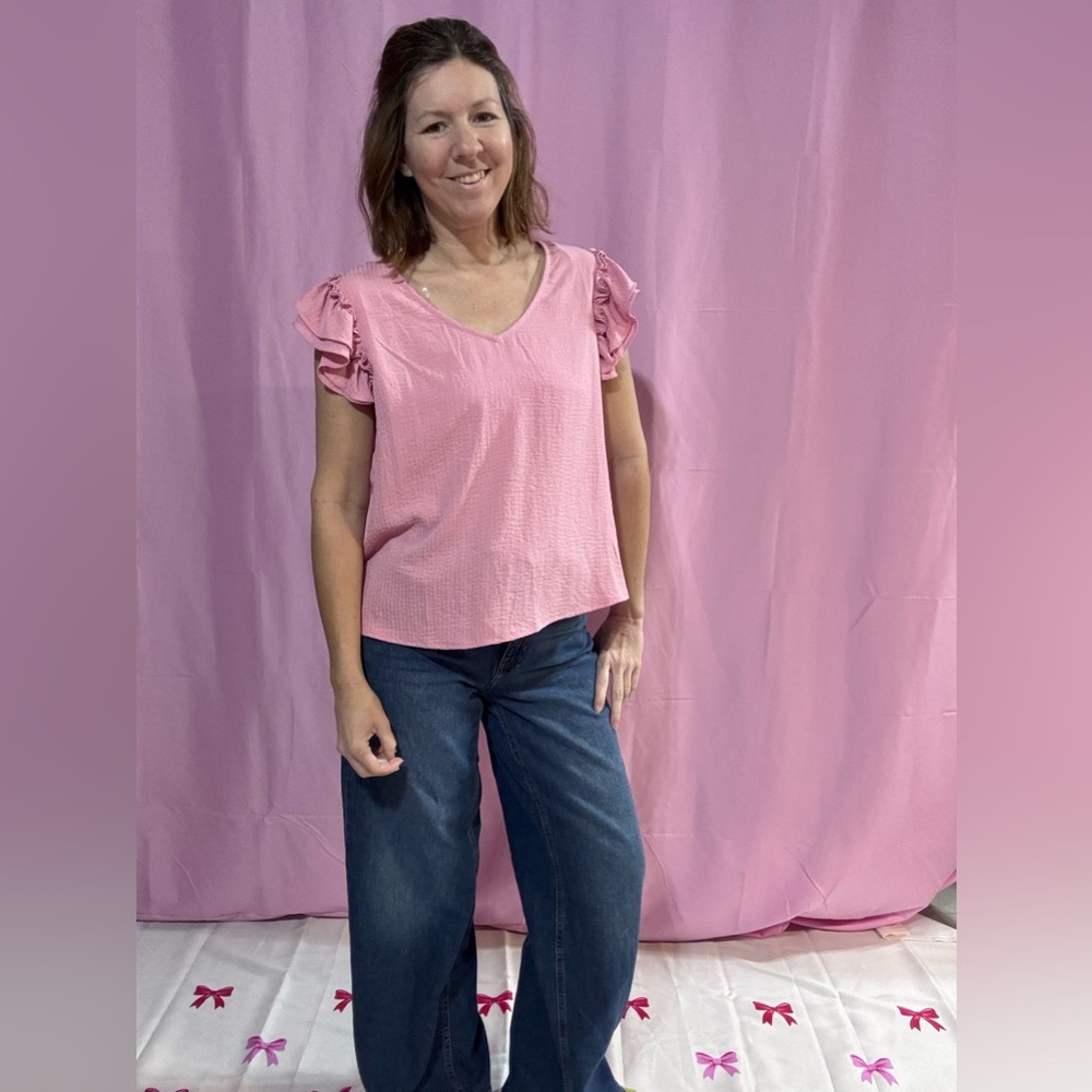 NWT Kori Pink ruffle sleeve v neck top